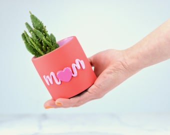 Red Concrete Cactus Pot: Pink 'Mom' Detail, Spring Decor