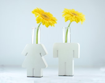 Concrete Couple Vase Set, Minimalist Boy & Girl Bud Vases, Scandinavian White Decor, Glass Test Tube Flower Holders, Wedding Gift