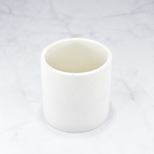 May include: A white cylindrical concrete planter with a rough texture.