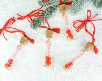 Glass Test Tube Christmas Tree Ornaments, Set of 4 Hanging Decorations with Mini Candy Canes, Red Pompoms & Gold Foil, Holiday Gift