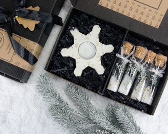 Premium Christmas Gift Box, Concrete Snowflake Candle Holder and Glass Test Tube Ornaments Set, Scandinavian Holiday Gift Box