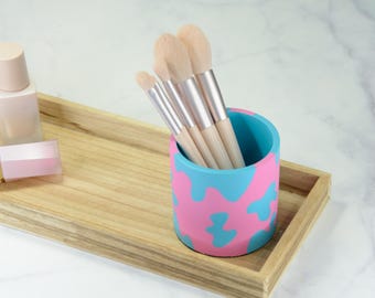 Pink & Turquoise Concrete Makeup Brush Holder, Colorful Vanity Organizer, Dopamine Decor, Maximalist Decor, Handmade Brush Holder