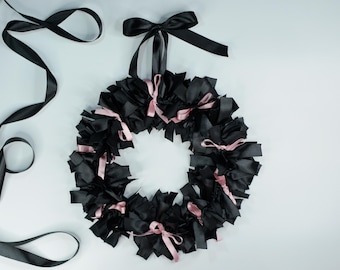 Romantic Black Ribbon Wreath with Pink Bows, Modern Coquette Home Decor Accent