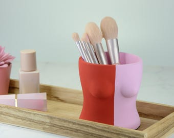 Red & Pink Concrete Female Body Makeup Brush Holder, Sculptural Vanity Organizer, Feminine Decor, Handmade Brush Holder