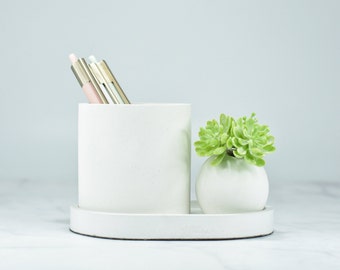 Minimalist Office Organization Set, Desk Storage Set, White Pen Holder, Artificial Succulent, Home Office Decor, White Concrete Organizer