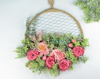Handmade Floral Wreath with Succulents, Pink and Hot Pink Door Decor