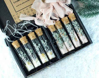 Romantic Glass Test Tube Christmas Ornaments Set of 8, Scandinavian Tree Decorations, Premium Handmade Holiday Gift Box