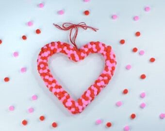 Heart Pom Pom Wreath: Red Pink Valentine's Day Decor