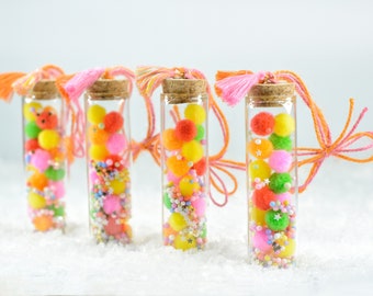 Colorful Dopamine Decor Glass Test Tube Christmas Tree Ornaments, Set of 4 Hanging Decorations with Vibrant Pompoms, Whimsical Holiday Gift