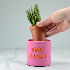 Könnte beinhalten: Ein leuchtend pinker, zylindrischer Keramikübertopf mit dem orangefarbenen, geprägten Schriftzug "GROW DAMMIT" auf der Vorderseite. Ein kleiner grüner Kaktus in einem braunen Kunststoff-Anzuchttopf wird in die Öffnung des Topfes eingesetzt.