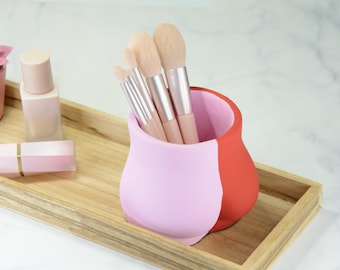 Red & Blush Pink Concrete Makeup Brush Holder, Modern Vanity Organizer, Color Block Decor, Handmade Brush Holder
