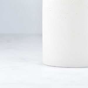 May include: A white cylindrical concrete planter with a rough texture.