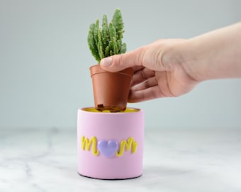 Pastel Pink Concrete Cactus Pot: 'Mom' Spring Decor