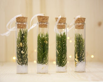 Pine Branch Glass Test Tube Ornaments, Set of 4 Hanging Tree Decorations with Gold Details, Scandinavian Christmas Decor Gift