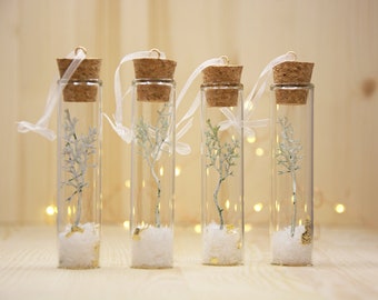 Aesthetic Glass Test Tube Christmas Tree Ornaments, Set of 4 Hanging Decorations with Artificial Snow and Frosted Green Branch