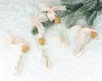 Romantic Glass Test Tube Ornaments with Rose Gold Details and Dusty Pink Ribbon, Set of 4 Hanging Tree Decorations, Christmas Gift