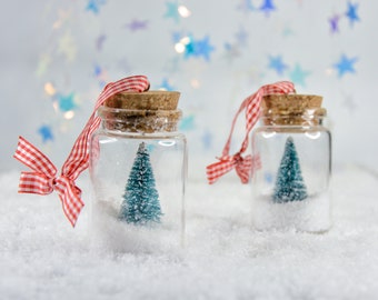 Miniature Christmas Tree Glass Jar Ornaments, Set of 2, Frosted Christmas Tree Hanging Decorations, Scandinavian Winter Decor Gift