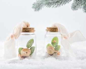Romantic Rose Glass Jar Christmas Tree Ornaments, Set of 2, Dusty Pink Chiffon Ribbon, Shimmering Rose Gold Holiday Gift