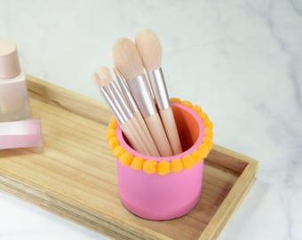 Hot Pink Concrete Makeup Brush Holder, Orange Pom Pom Brush Organizer, Vanity Storage, Cute Decor, Handmade Gift