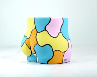Hand-painted Butt-Shaped Concrete Vase for Dried Flowers, Colorful Abstract Art Decor, Dopamine Decor, Unique, Playful and Vibrant Accent