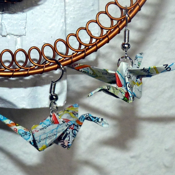 Crane earrings from a map