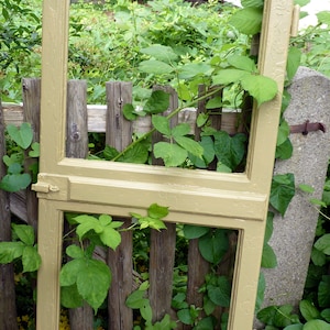 Può includere: Un telaio di porta in legno invecchiato di colore giallo pallido con un solo pannello di vetro nella metà superiore e un solo pannello di vetro nella metà inferiore. Il telaio della porta è parzialmente oscurato da una vegetazione verde.
