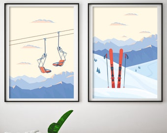 Skiing Poster, Vintage Ski Lift Poster, Skiing Wall Decor, Ski Decor, Winter Landscape, Skier Gift, Winter Sport Diptych, Aspen Print