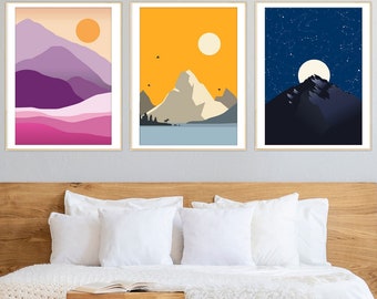 Starry Night and Moon Print Set, Day and Night Colorful Landscape Art, Minimalist Mountain Poster Triptych, Anniversary Gift Idea Wall Art