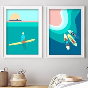 Hawaii Surf Art Print Set: Vintage Surfer Girl, Sunrise Ocean