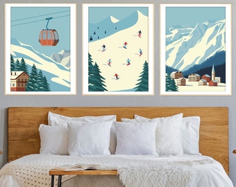 Ski Lift Ski Slope Panorama, Skiers and Snowboarders Print Set, Winter Skiing Poster, Snow Mountain Landscape Triptych, Cozy Alps Cabin Art