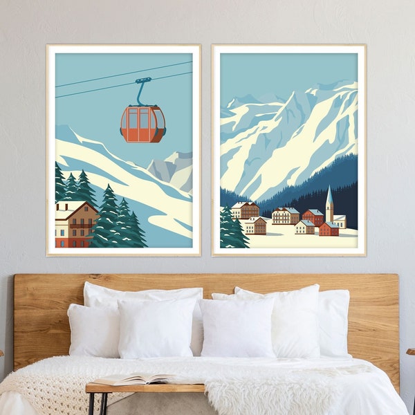 Gondola Poster, Winter Mountain Art Set, Skiing Prints, Vintage Ski Lift and Sunny Landscape, The Alps Nature Wall Art, Snowy Mountaintops