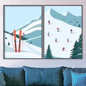 Ski Decor, Winter Landscape, Skier Gift, Ski Print, Skiers Mountain Wall Art Set, Vintage Skiing Decor, Winter Sport Diptych, Aspen Print