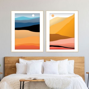 Scandinavian Landscape Art Set, Colorful Geometrical Poster,  Nordic Mountain Print, Minimalist Scenery Set of 2, Sunny Panorama Diptych