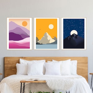 Minimalist Mountain Poster Triptych, Starry Night and Moon Print Set, Day and Night Colorful Landscape Art, Anniversary Gift Idea Wall Art