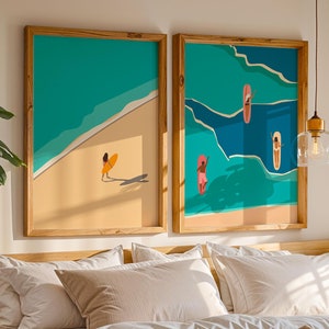 Surfing Art Print Set: Sunrise Surfboard, Hawaii Decor, Girl with Surf Wall Art