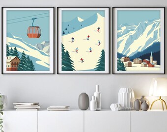 Skiing Panorama Vintage Print, Skiers and snowboarding gift, Slope and Gondola Wall Art, Winter Ski Art, Aspen Mountain Landscape Triptych