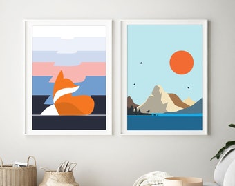 Art mural nordique de renard, impression de paysage de montagne scandinave, soleil sur le lac calme et le sommet de la montagne, ensemble de nature nordique de 2, faune minimaliste