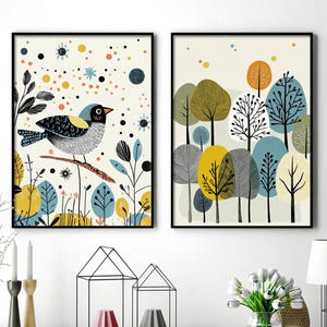 Decoración de pared de arte popular hygge, conjunto de láminas de bosque de aves de Kurbits, póster de naturaleza escandinava, ilustración botánica de mediados de siglo, arte de estilo nórdico