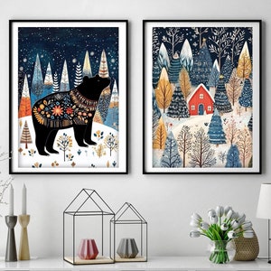 Nordic Bear Art Print, Scandinavian Winter Landscape, Nordic Folk Art, Hygge Home Decor, Nordic Illustration for Nursery, Winter Forest Art