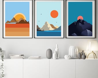 Scandinavian Landscape Modern Art Set, Nordic Mountain Posters, Minimalist Sunrise Sunset Print Triptych, Abstract Alps Artwork Piece