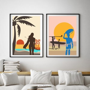 Hawaii Surfing Print, Surfers Vintage Poster Set, Surfer Girl Sunset Scenery, Surfboard Triptych Beach, Mid Century Ocean Art, Water Sports