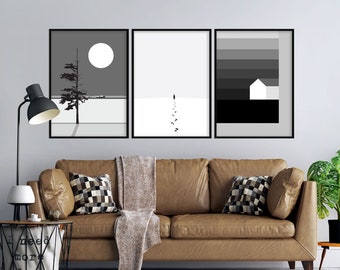 Abstract Black and White Gallery Wall Decor Set of 3 Art Prints, Contemporary Minimalist Modern Posters, Sophisticated Monochrome Artworks