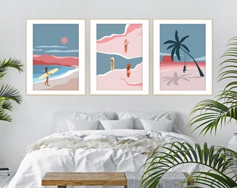 Affiche de surf, surfeuse, décor côtier, art mural de planche de surf, ensemble d'aventure d'été, paysage d'océan de plage de coucher du soleil, cadeau vintage d'impression de surf