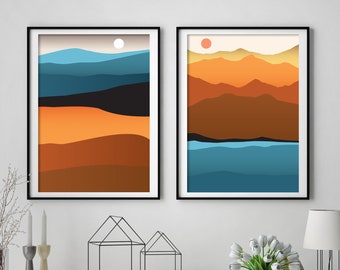 Ensemble d'affiches de lac de montagne, Art de la nature aux couleurs chaudes, impression scandinave de paysage abstrait, affiche géométrique colorée, ensemble de paysages minimalistes