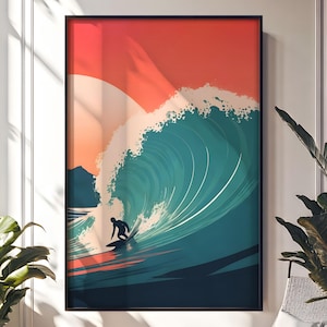 Surf Art Print Wall Decor, Big Wave Surfing Poster, Water Sports, Surfer and Ocean Print, Hawaii Surfing Sunset Canvas, Beach House Decor