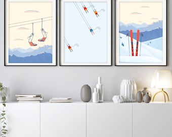 Ski Wall Art Print Set, Retro Winter Skiing Poster, Alpine Mountain Landscape Decor, Minimalist Snow Sport Illustration, Chalet Lodge Art