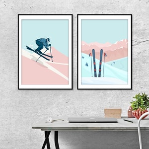 Ski Poster Set, Winter Skiing Prints, Vintage Skiing Wall Décor, Winter Mountain Landscape, Skier Decor Panorama, Alpine Poster, Skier Gift