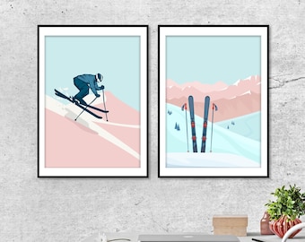 Ensemble d’affiches de ski, impressions de ski d’hiver, décoration murale de ski vintage, paysage de montagne d’hiver, panorama de décor de skieur, affiche alpine, cadeau de skieur