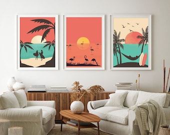 Surf poster Triptych, Summer Adventure Set, Tropical Paradise, Summer Beach Decor, Flamingo Sunset Art, California Ocean Coastal Prints