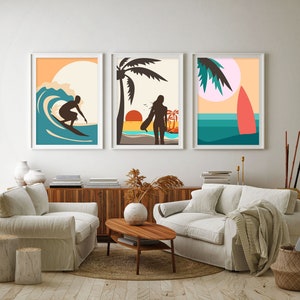 Vintage Surfer Beach Poster, Surf Print, Surfer Decor, Big Wave Surfer Summer Art Set, Hawaii Surfboard, Ocean Wall Art Surfing Triptych